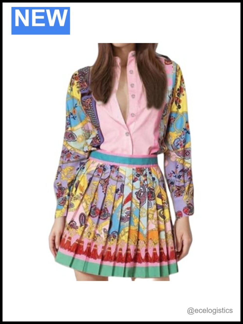 2 Piece Skirt Sets Printed Long-Sleeve Shirt Pleated Skirt Vacation Outfits